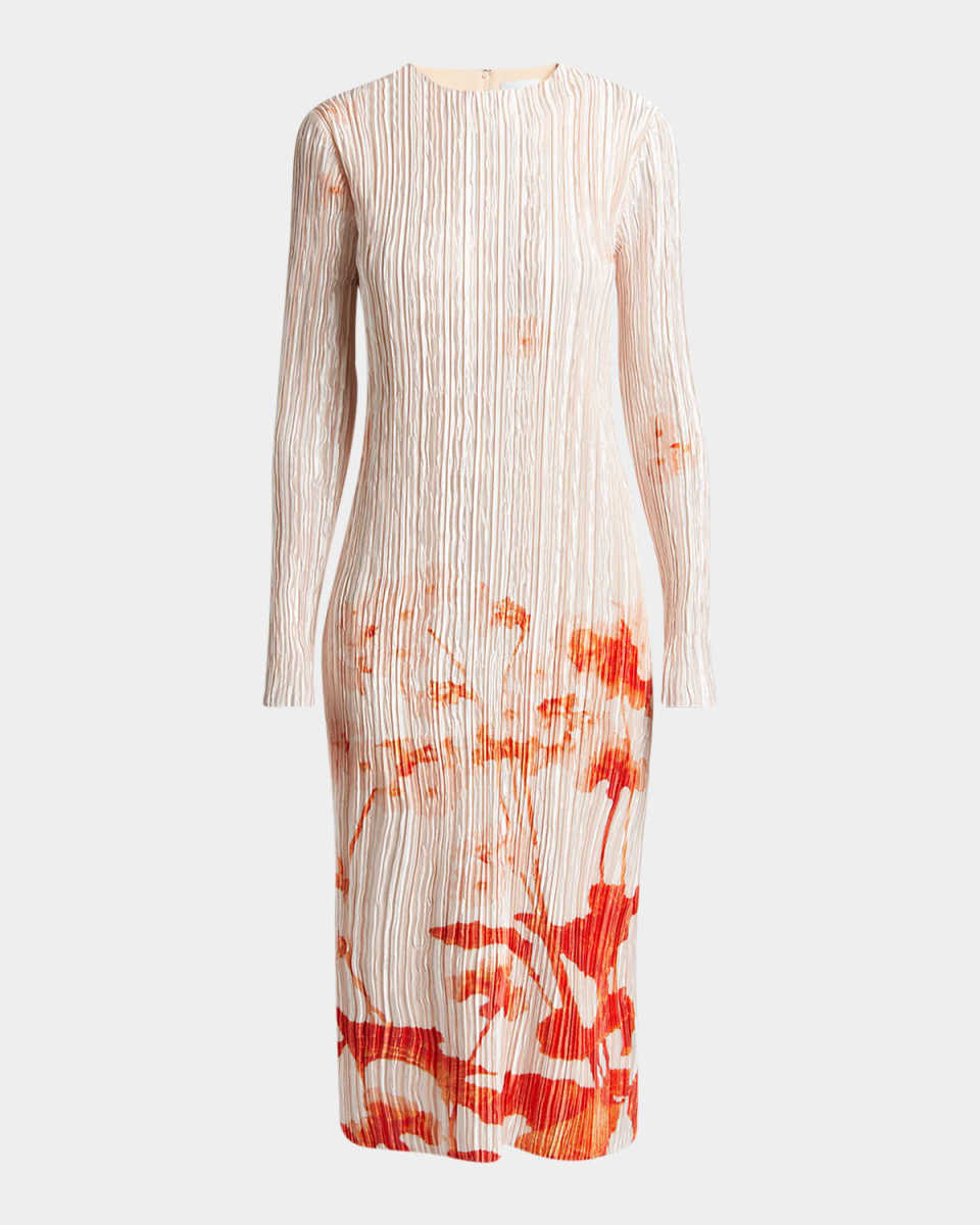 Floral-Print Plisse Silk Long-Sleeve Midi Dress